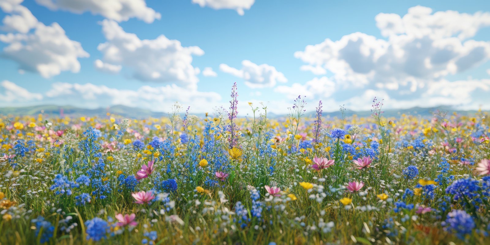Colorful wildflower meadow under a clear blue sky during midday with fluffy clouds scattered across the horizon